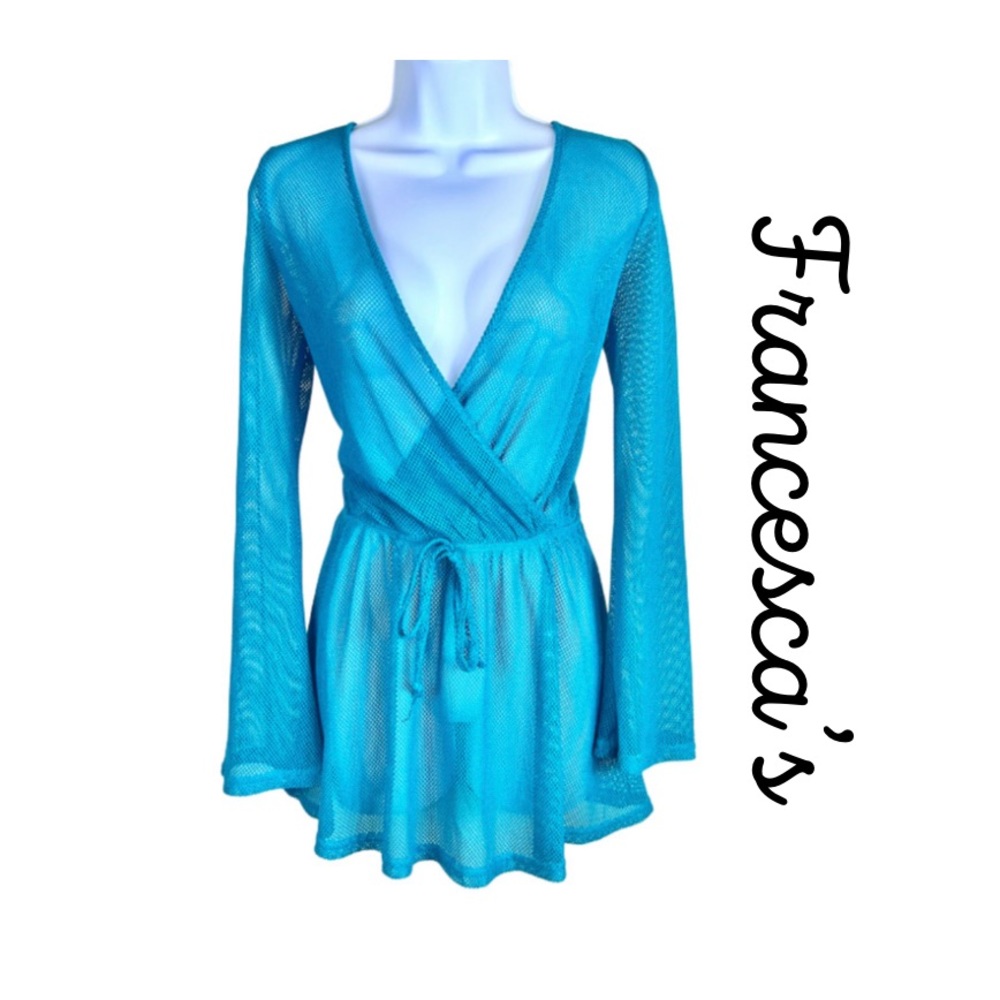 NWT! Francesca’s Blue Green V Neck Mesh Swimwear Beach Coverup Size M-L